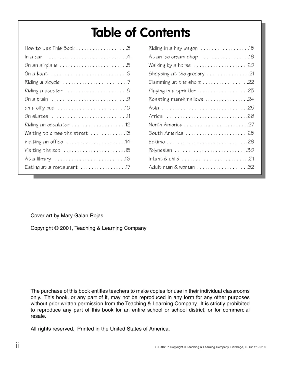 Coloring book contents list transportation, outings, and people topics, followed by classroom copying terms