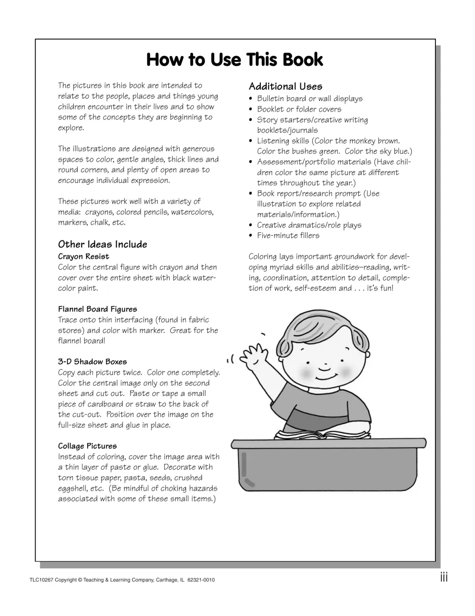 How to Use This Book explains coloring materials, crayon resist, flannel board figures, and shadow boxes