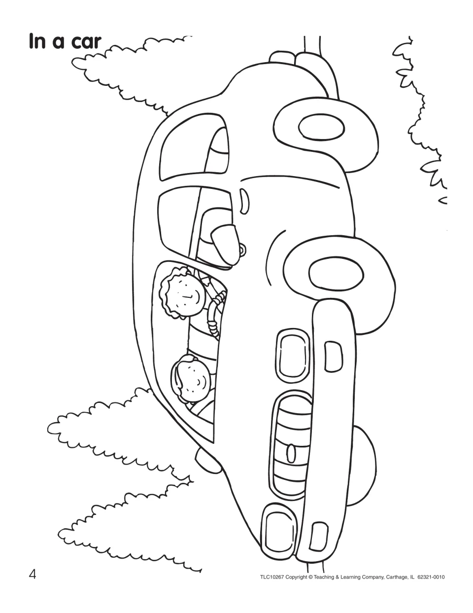 In a car coloring page shows two people riding in a car, with a steering wheel, headlights, and nearby trees