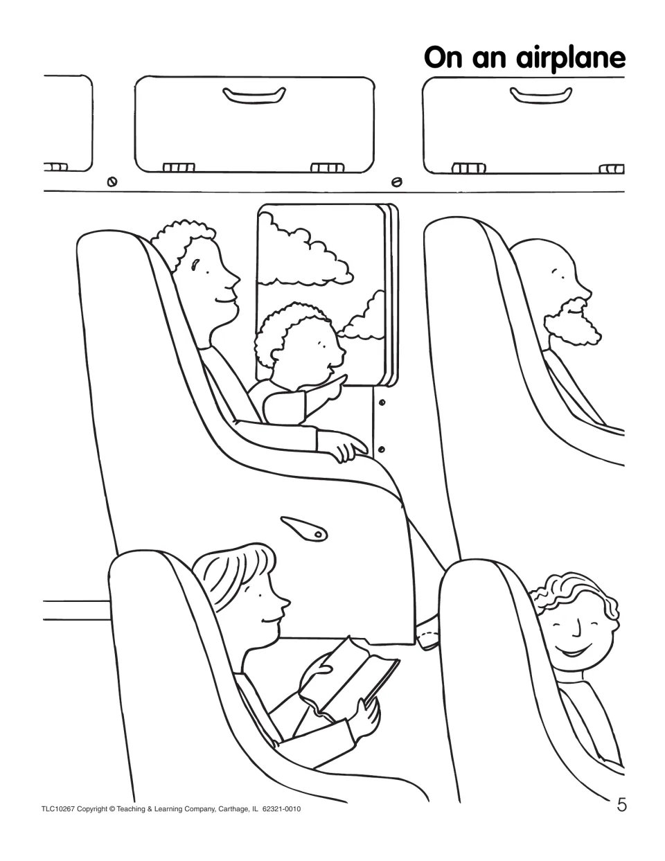 On an airplane coloring page shows seated passengers, a child pointing toward a window, and a reader
