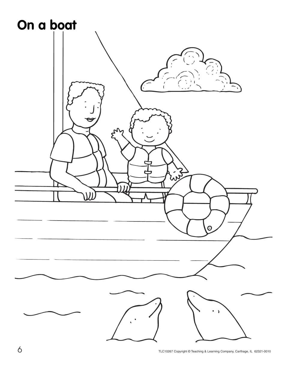 On a boat coloring page shows an adult and child wearing life jackets, a life ring, and two dolphins