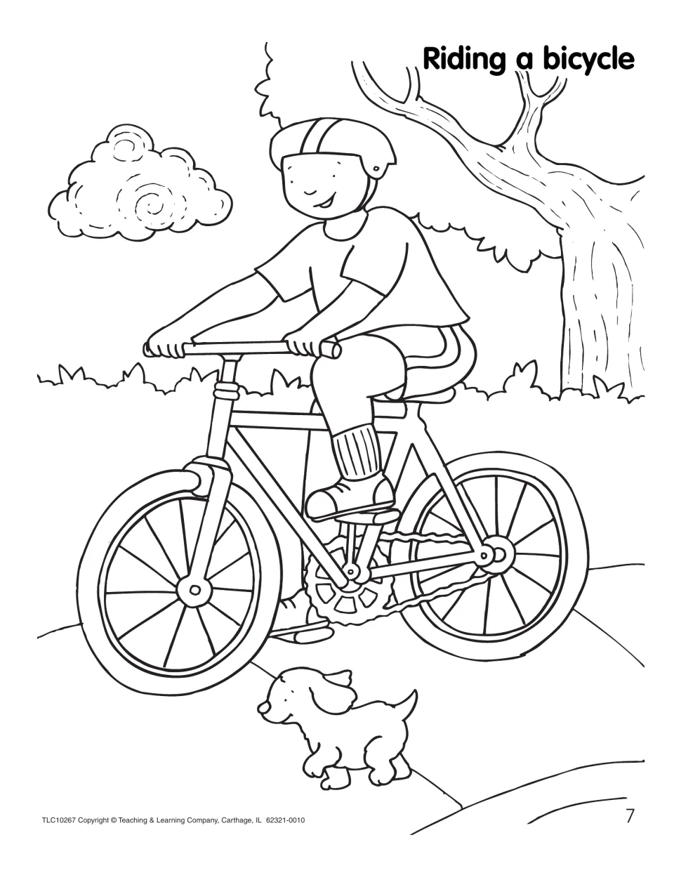 Riding a bicycle coloring page shows a child wearing a helmet and pedaling a bicycle beside a small dog