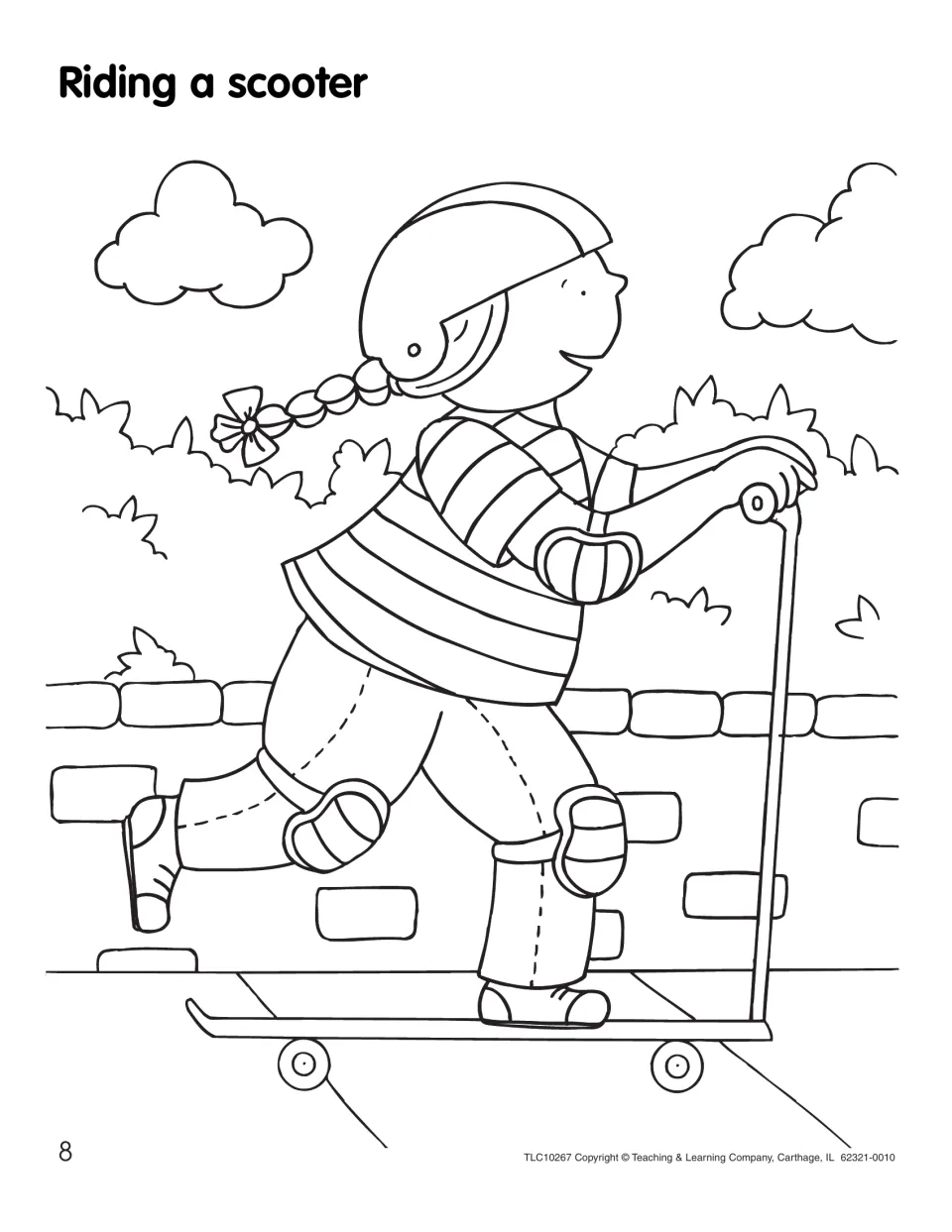 Riding a scooter coloring page shows a child wearing a helmet, elbow pads, and knee pads while scooting