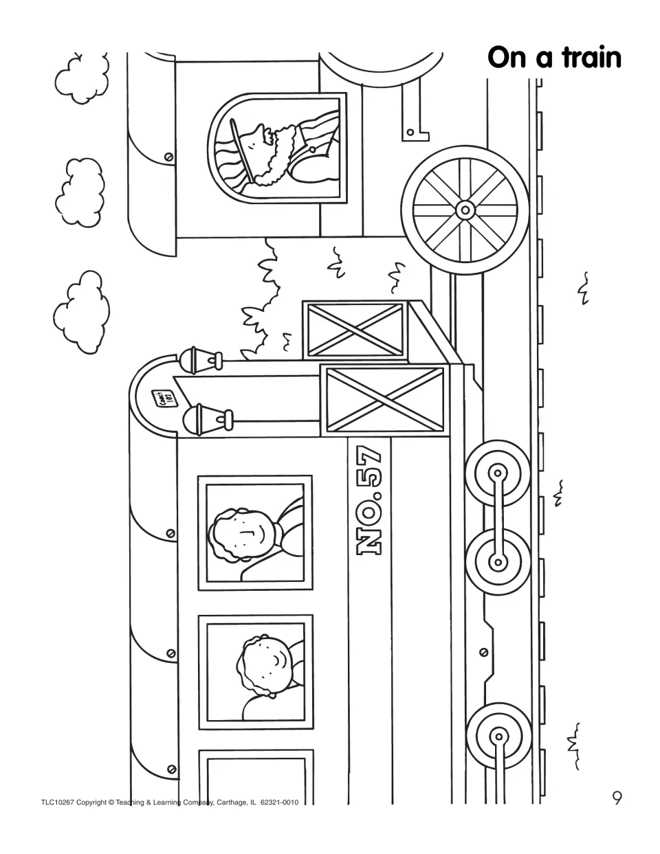 On a train coloring page shows an engineer, two passengers, and crates aboard a train labeled NO. 57