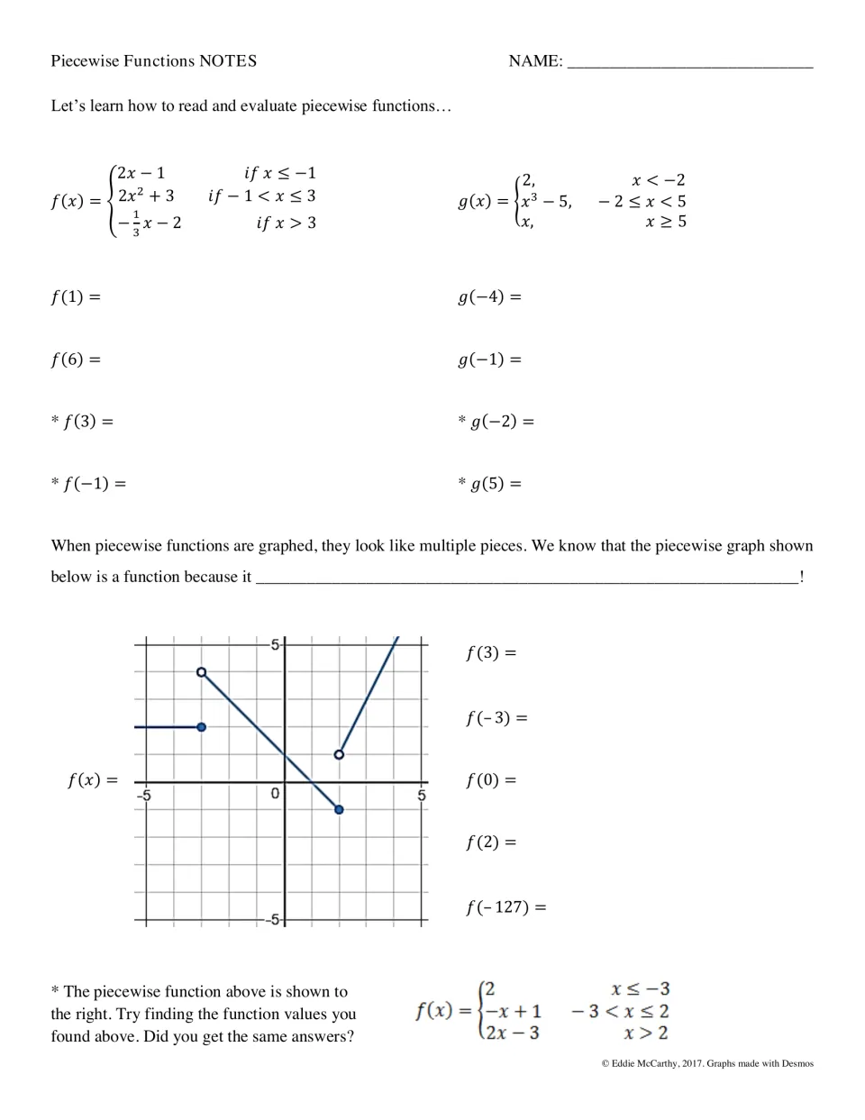 Piecewise functions notes: students evaluate f(x) and g(x) at given inputs, then read f(3) to f(-127) from a graph