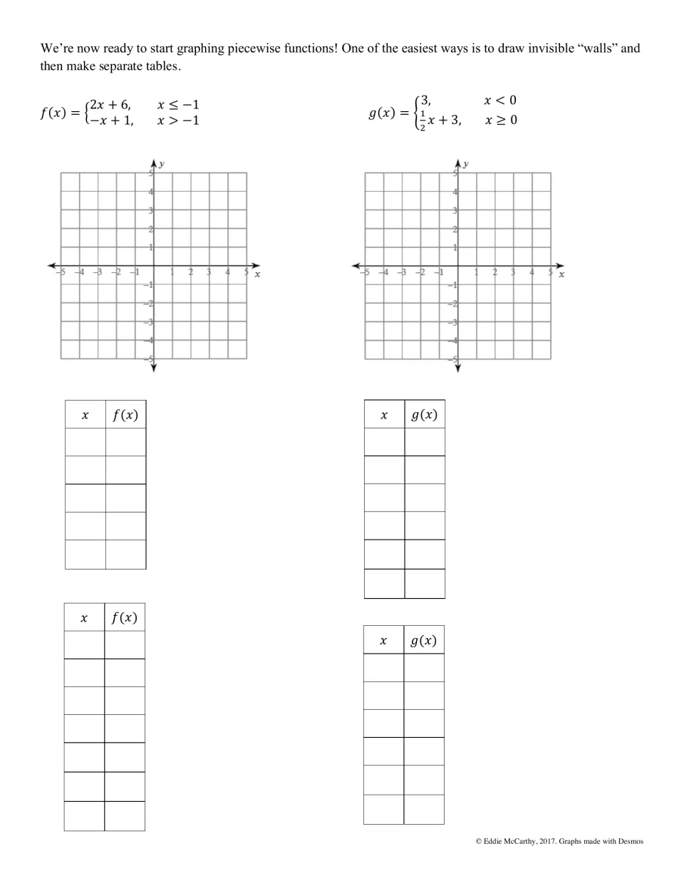 Graphing piecewise functions: students draw invisible walls and fill x/f(x) tables to graph two-piece f(x) and g(x)