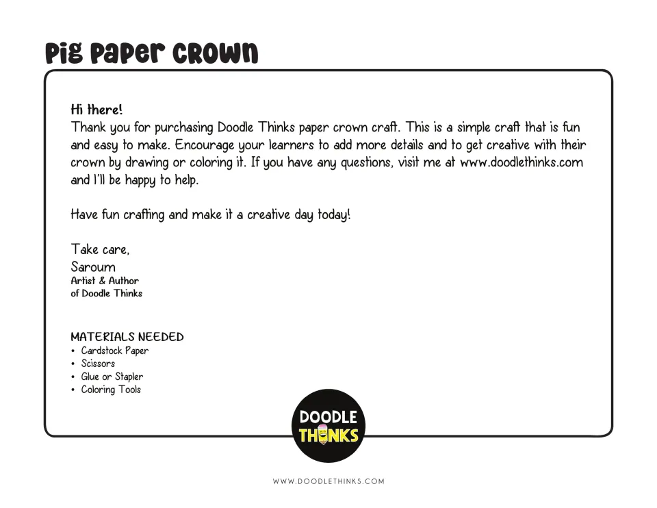 Pig paper crown teacher note and materials list: cardstock paper, scissors, glue or stapler and coloring tools