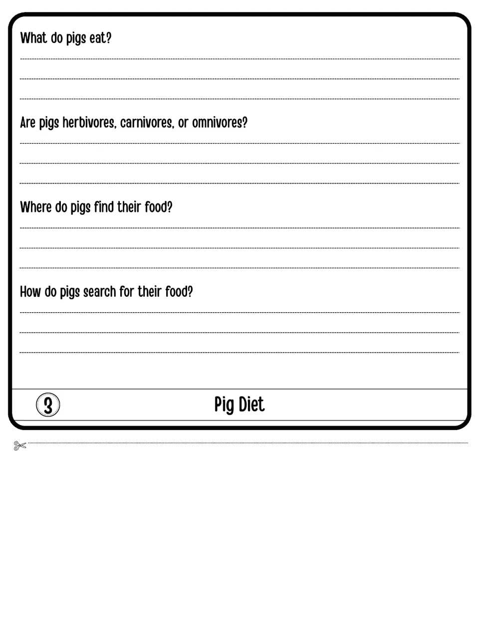 Pig Diet flap 3: students write what pigs eat, if they are herbivores, carnivores or omnivores, and how they find food