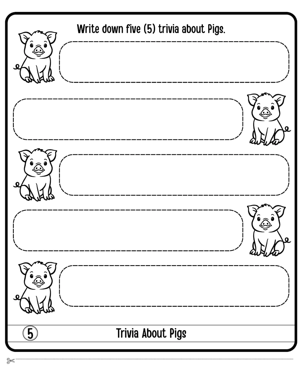 Trivia About Pigs flap 5: students write down five trivia facts about pigs, one beside each sitting cartoon pig