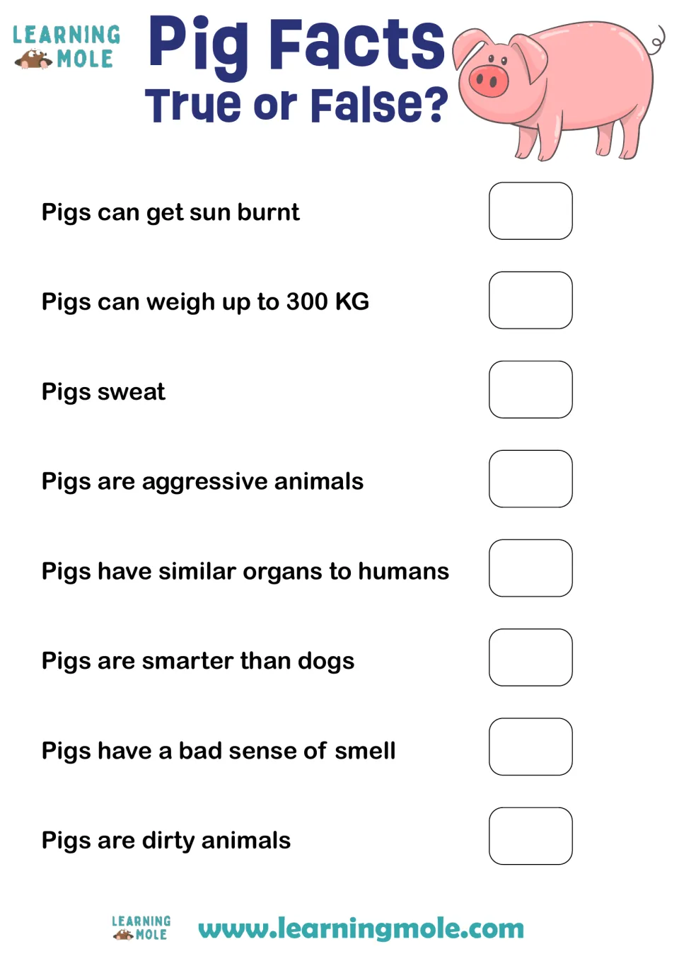 Pig facts true or false: students judge 8 statements, such as pigs sweat or are smarter than dogs, as true or false