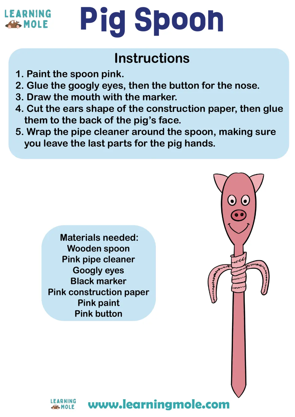 Pig spoon craft: students paint a wooden spoon pink, add googly eyes, button nose, paper ears and pipe cleaner arms