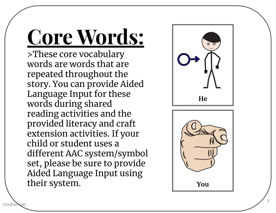 Core vocabulary page pairs he and you symbols with guidance for aided language input during shared reading