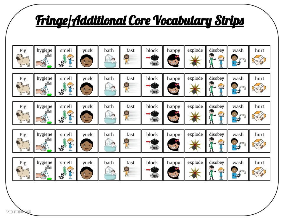 Five identical vocabulary strips each show 12 pictured words, including Pig, hygiene, smell, yuck, and bath