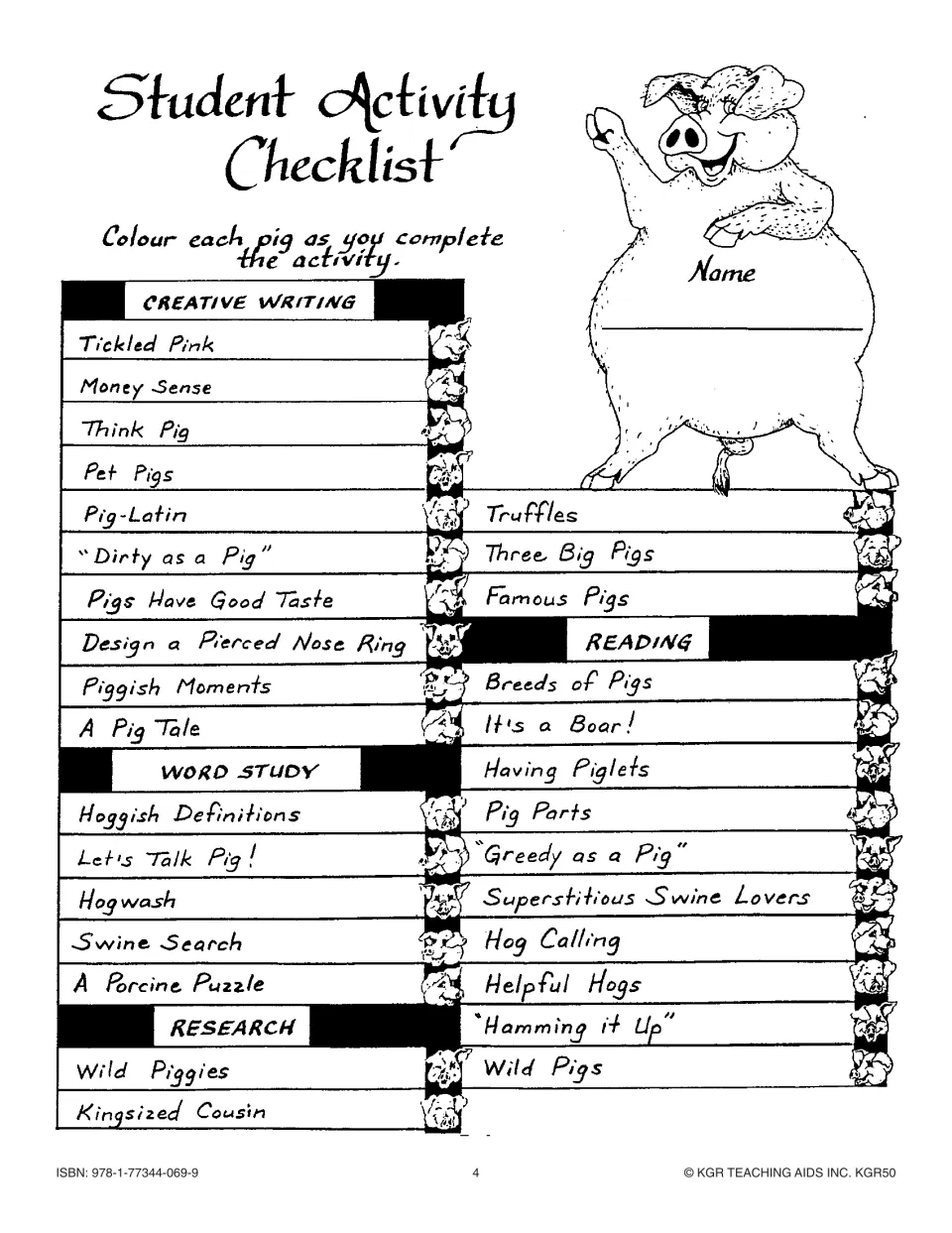 Student activity checklist: color a pig for each of 30 writing, word study, research and reading activities done