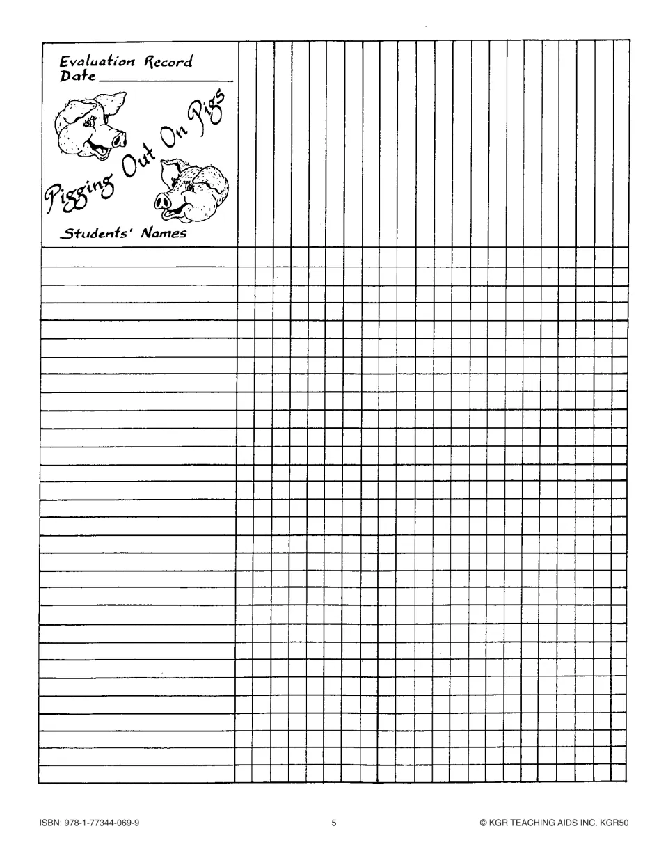 Blank evaluation record with a date line and space for students' names to record each student's progress