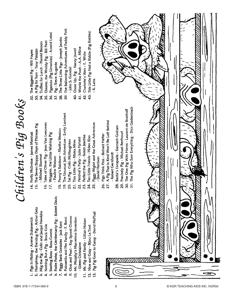 Children's Pig Books list of 43 titles and authors, such as Charlotte's Web, Winnie the Pooh and Pigs in Hiding