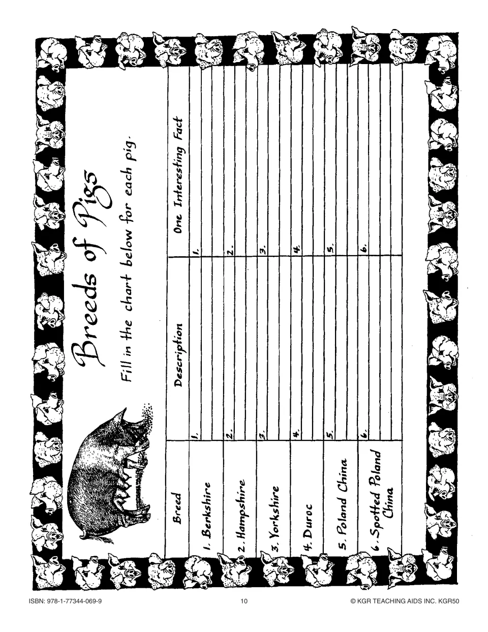Breeds of Pigs chart: write a description and one interesting fact for Berkshire, Duroc and four more breeds