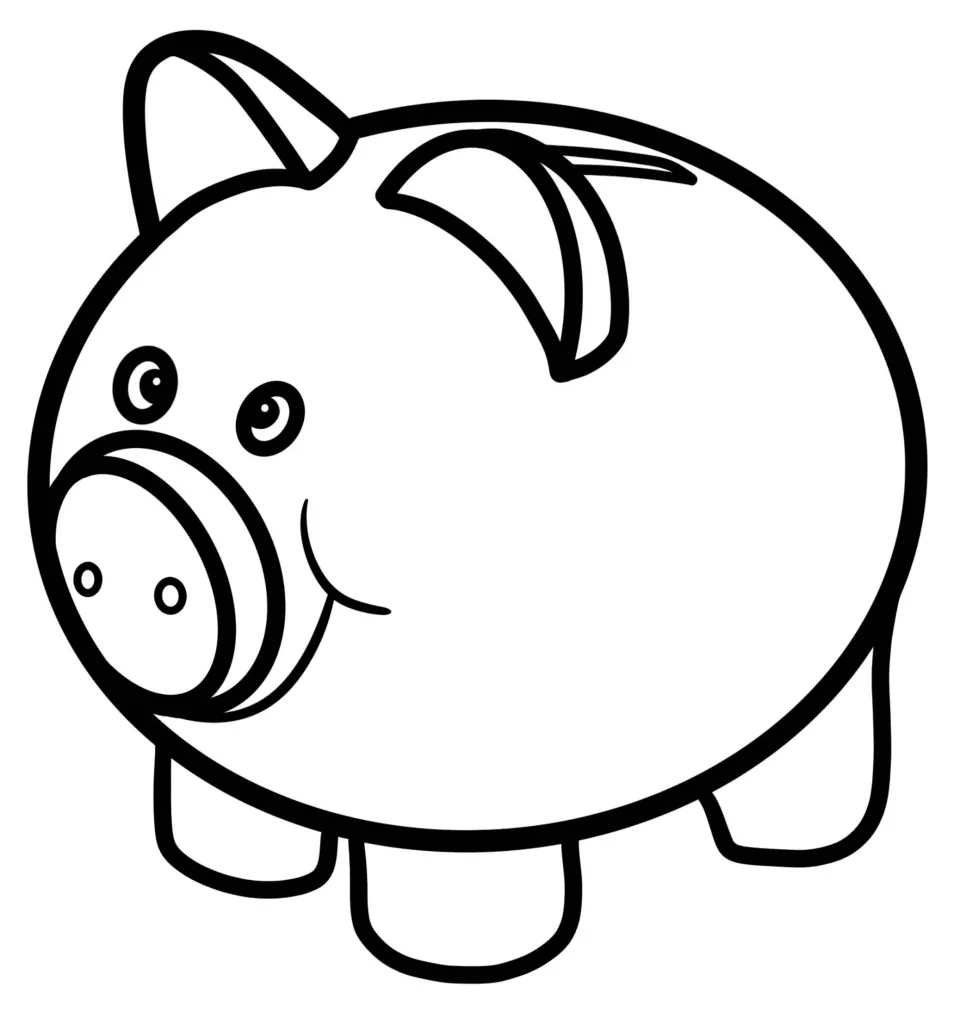Piggy bank clip art: black-and-white outline of a smiling pig bank with a coin slot on its back, ready for coloring
