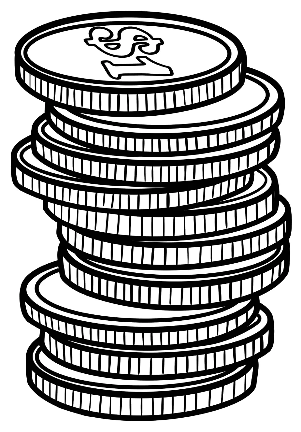 Coin clip art: black-and-white drawing of the tallest uneven stack of ridged coins, the top coin stamped with $1