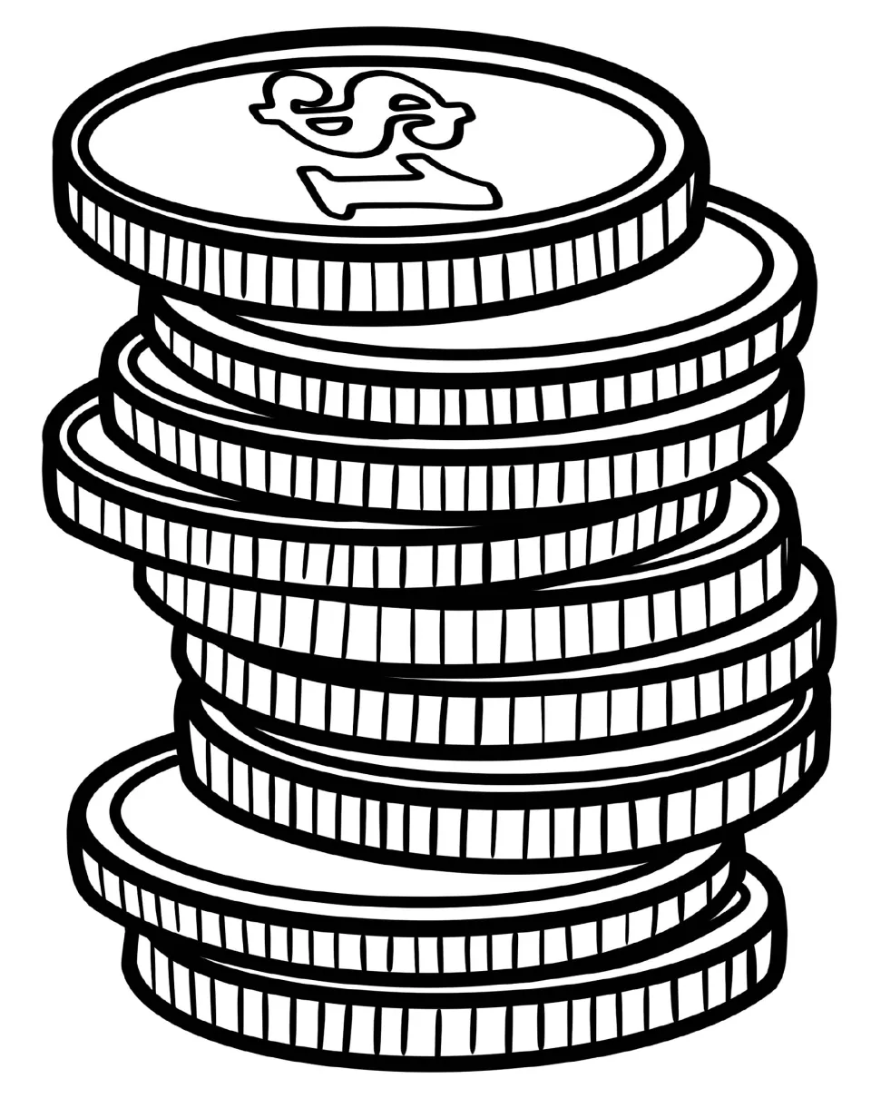 Coin clip art: tall, slightly shorter leaning stack of ridged coins in black outline, with $1 marked on the top coin