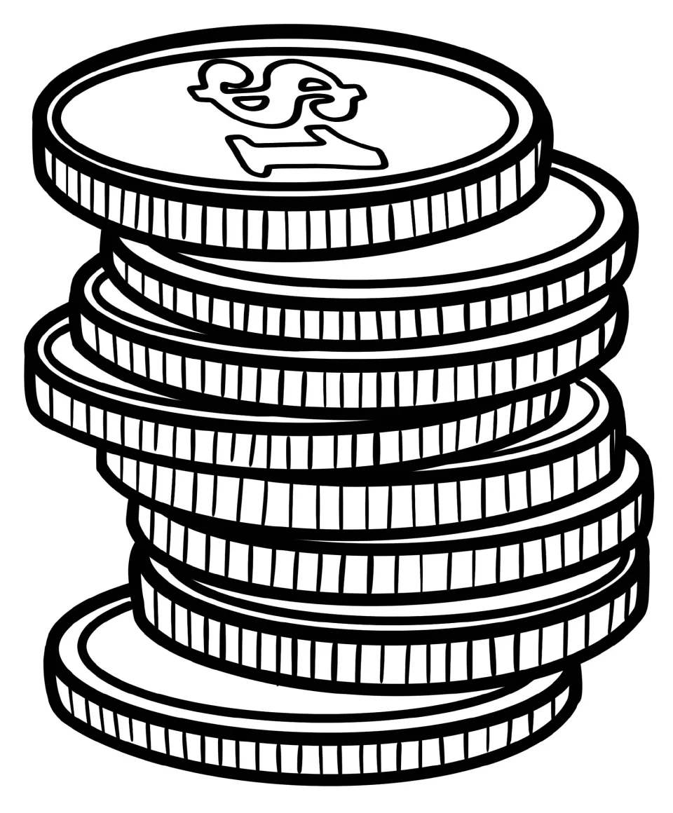 Coin clip art: medium-tall stack of ridged dollar coins drawn in black outline, a wide coin at the base and $1 on top