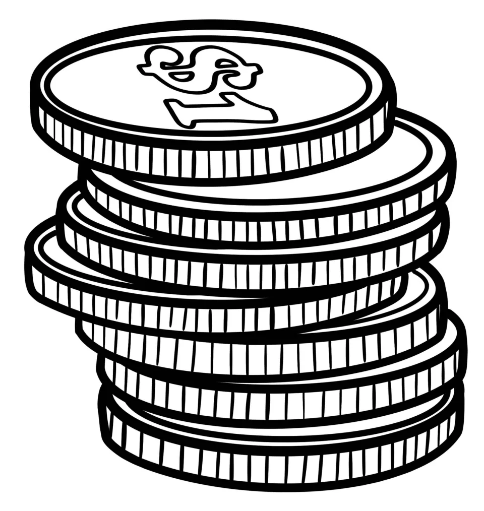 Coin clip art: mid-height stack of ridged coins in black-and-white line art, slightly staggered, top coin showing $1