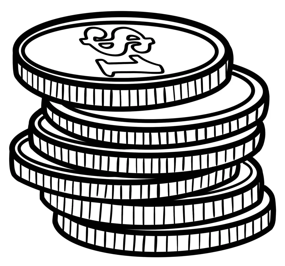 Coin clip art: short, slightly leaning stack of ridged coins in black outline, with a $1 symbol on the top coin