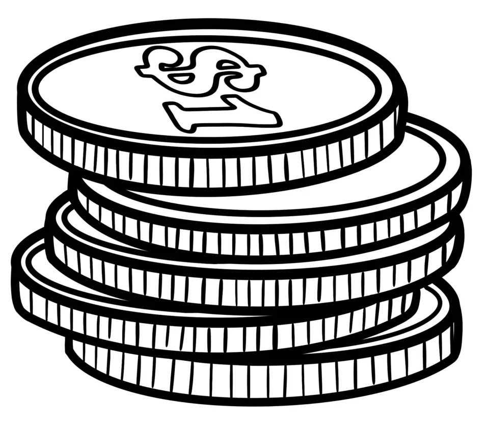 Coin clip art: small stack of five ridged coins drawn in black-and-white line art, the top coin stamped with $1