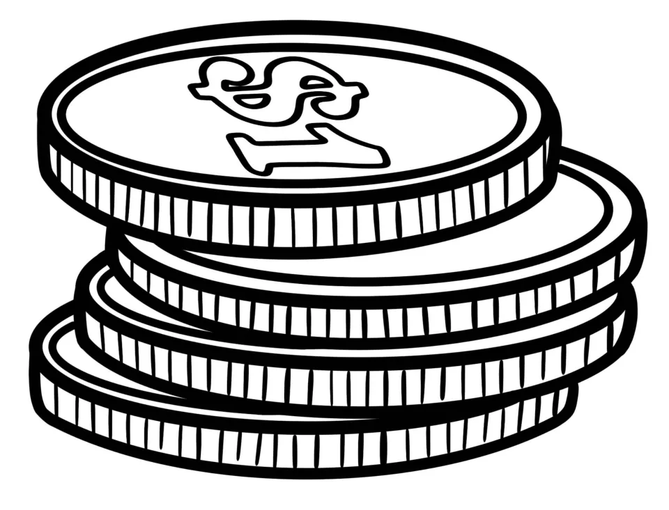 Coin clip art: small stack of four ridged coins in black outline, slightly offset, with $1 shown on the top coin