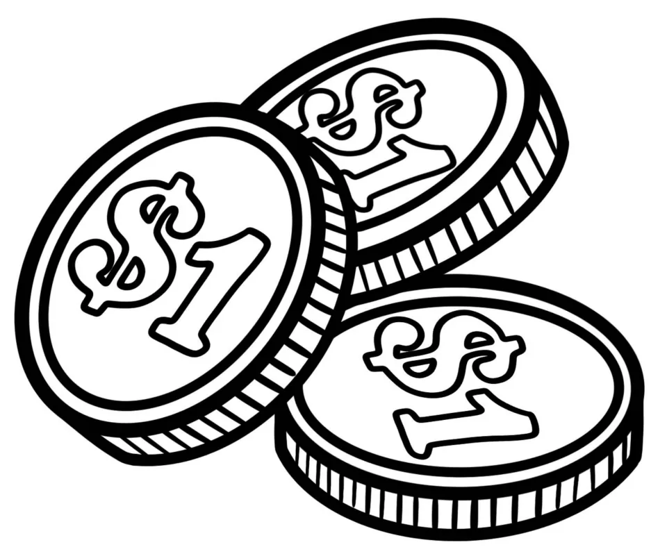 Coin clip art: three loose $1 coins drawn in black outline, one standing on its edge and two lying flat, ready to color