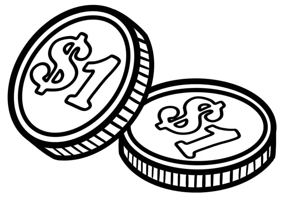 Coin clip art: two $1 coins in black-and-white line art, one tilted upright and one lying flat beside it, for money visuals