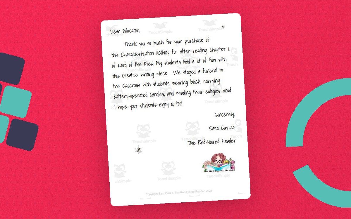 Piggy's Eulogy: Characterization Activity Lord of the Flies chapter 11 teaching resource preview