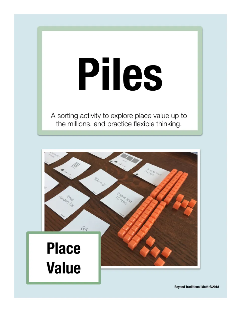 Piles cover: a sorting activity to explore place value up to the millions, shown with number cards and base-ten blocks
