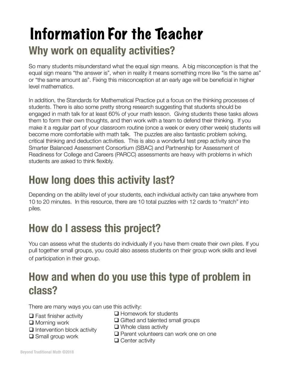 Teacher notes on the equal sign misconception, math talk, timing for 10 puzzles of 12 cards, assessment and ways to use