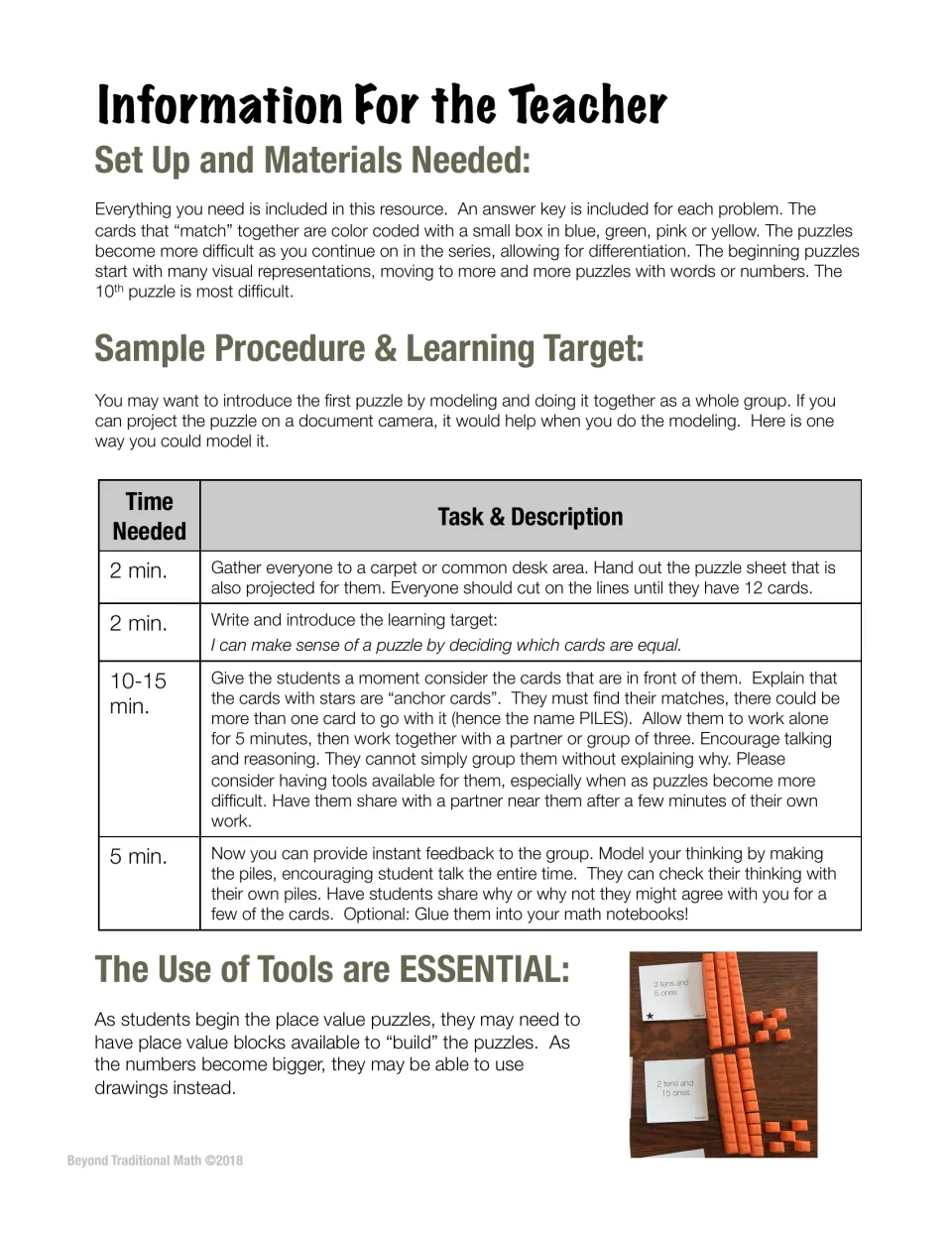 Teacher setup notes: color-coded matches, a timed modeling procedure with the learning target, and base-ten block tools