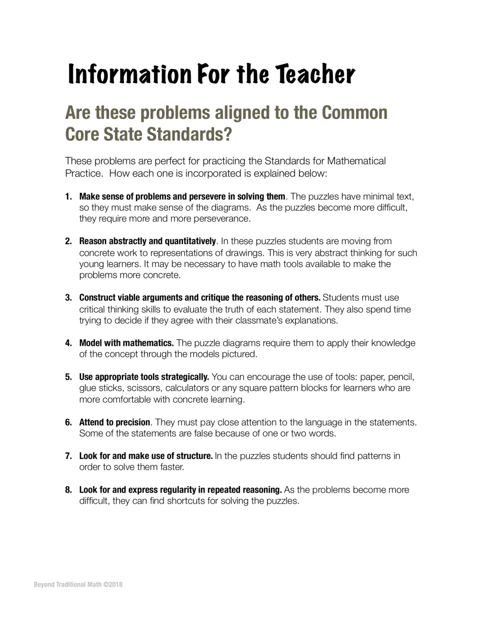 Teacher notes linking the place value puzzles to each of the 8 Standards for Mathematical Practice, with explanations
