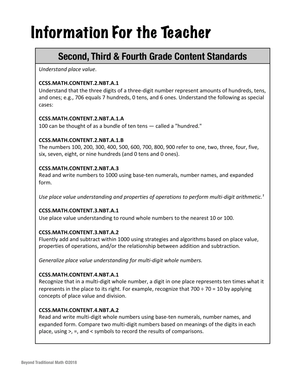 Second, third and fourth grade place value content standards listed by CCSS code, from 2.NBT.A.1 through 4.NBT.A.2