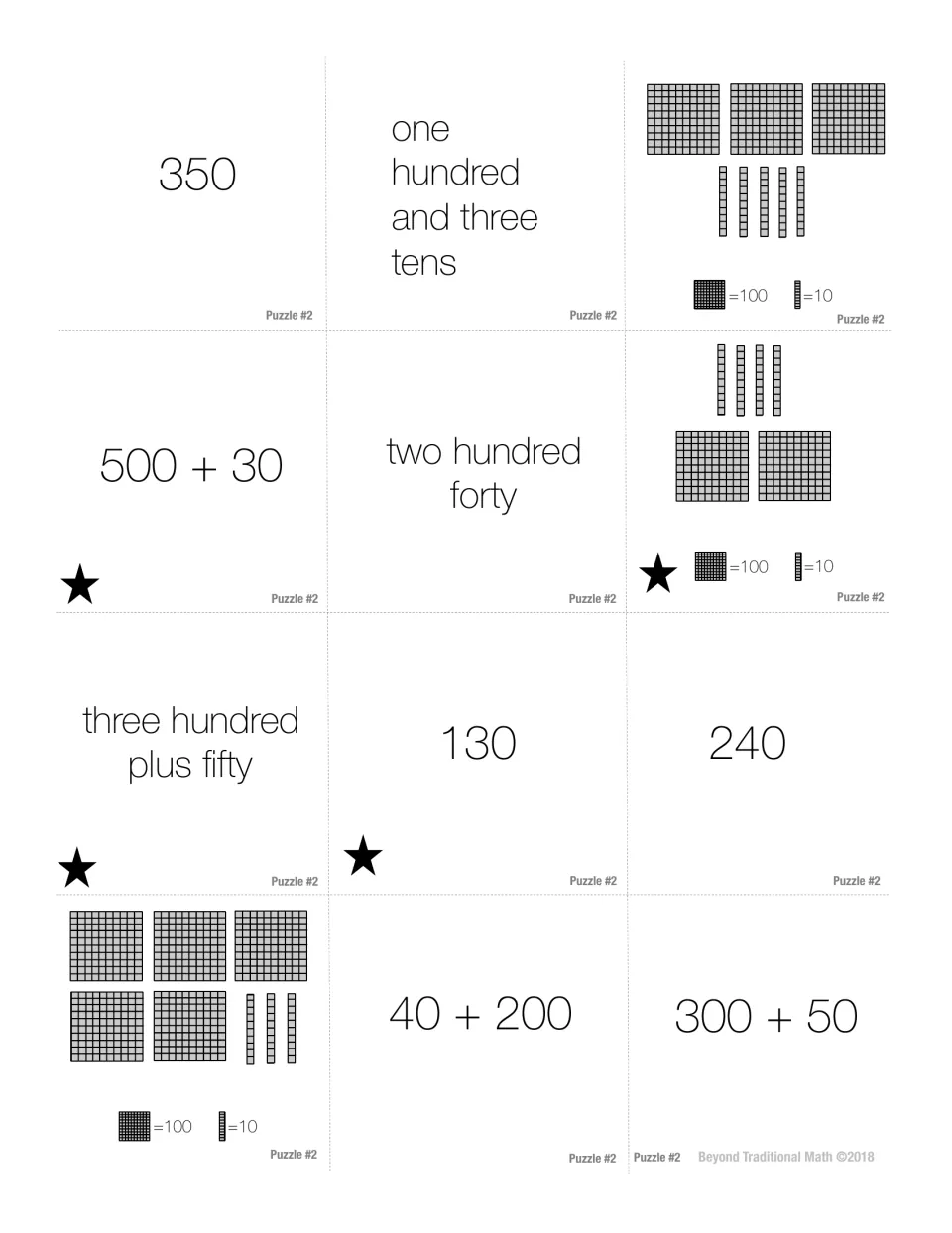 Puzzle #2: students match 12 cards to starred anchors 530, 240, 350 and 130 in standard, expanded and word form