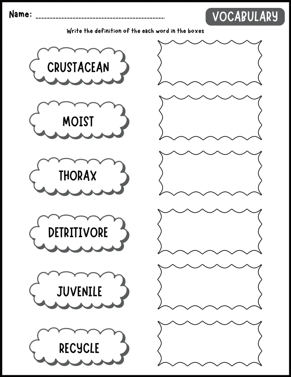 Pill bug vocabulary activity asks for definitions of crustacean, moist, thorax, detritivore, juvenile, and recycle.