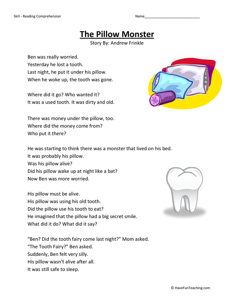 Pillow Monster Reading Comprehension Worksheet by Teach Simple