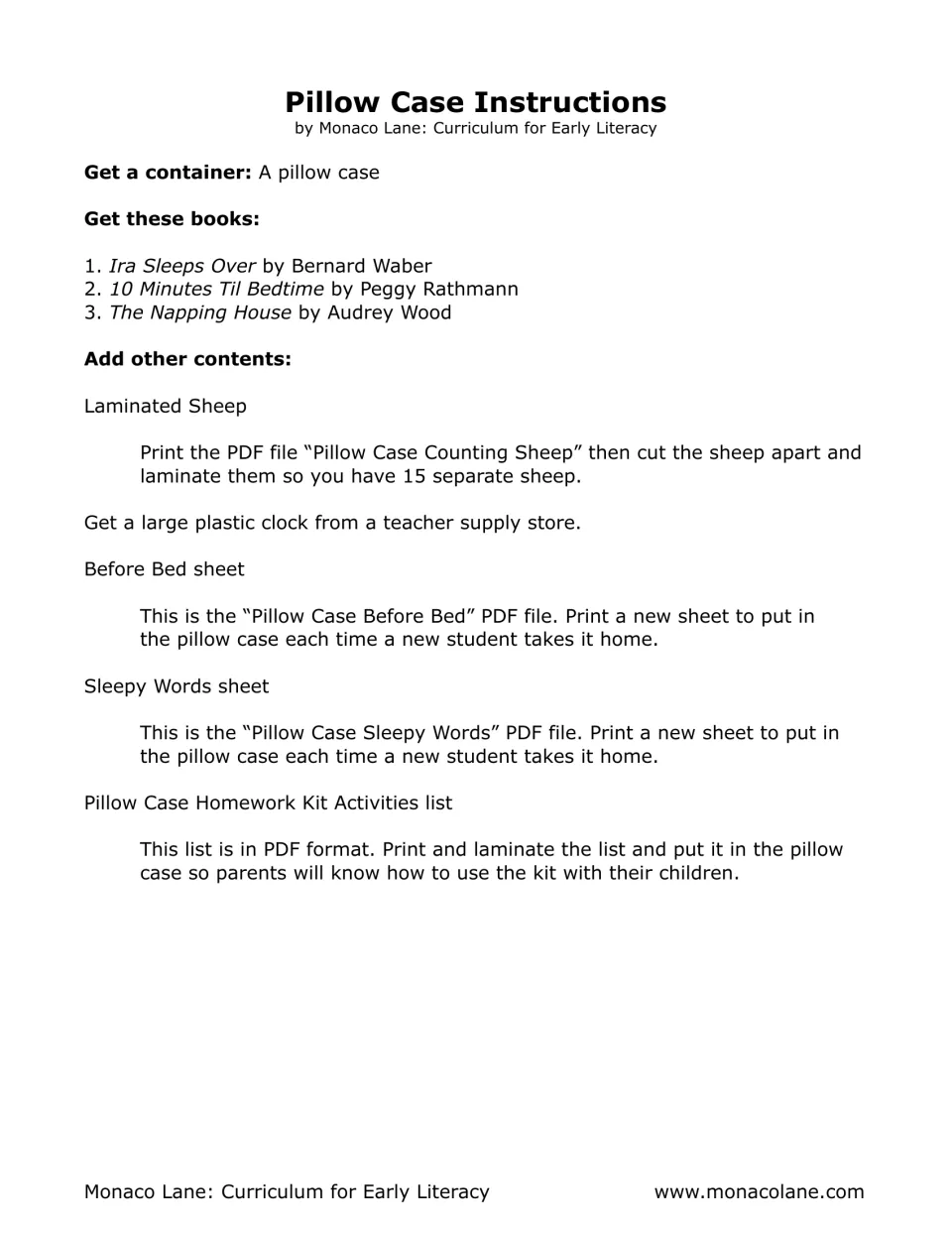 Pillow case setup instructions: teacher gathers three bedtime books, 15 laminated counting sheep, a clock and two sheets