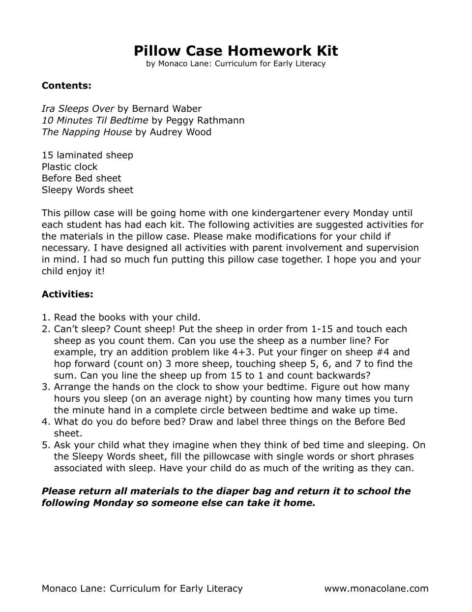 Parent letter listing kit contents and five activities: read books, count sheep 1-15, add by counting on, set bedtime