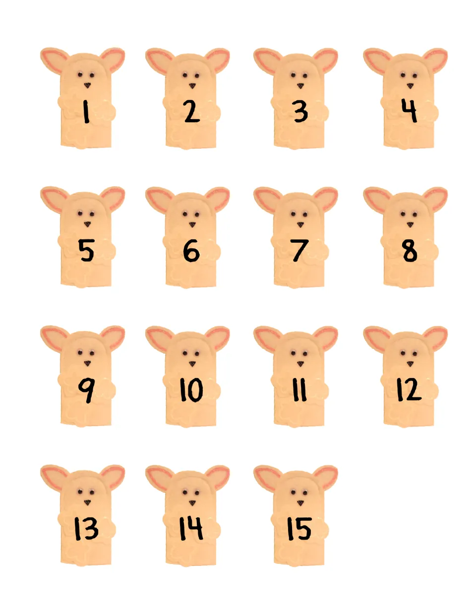 Sheep cards numbered 1 to 15 to cut apart and laminate, then use as a number line for ordering, adding on and counting back