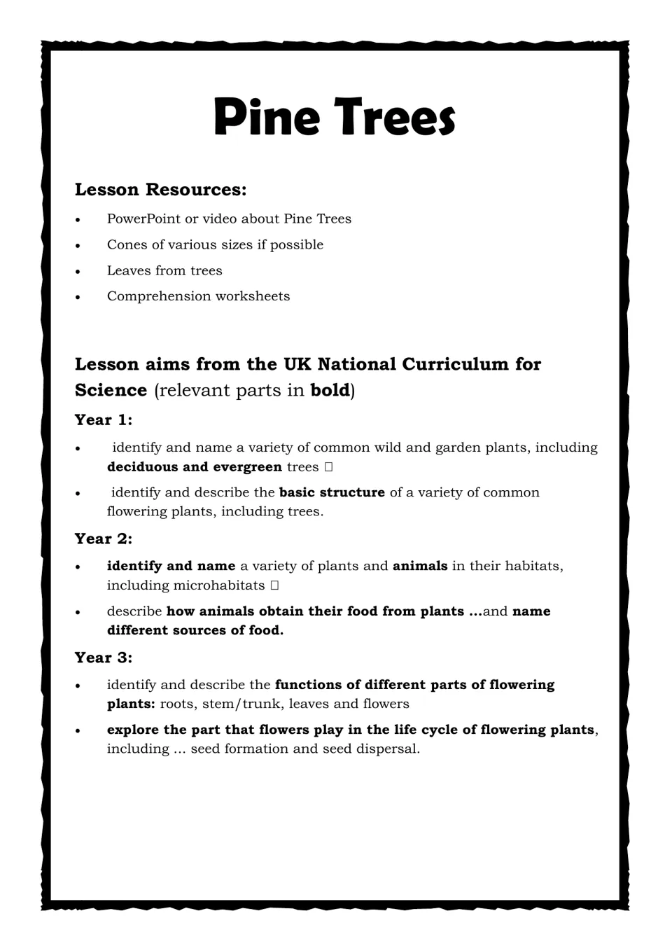 Pine tree lesson resources list (cones, leaves, video) plus UK Science curriculum aims for Years 1 to 3 on plants