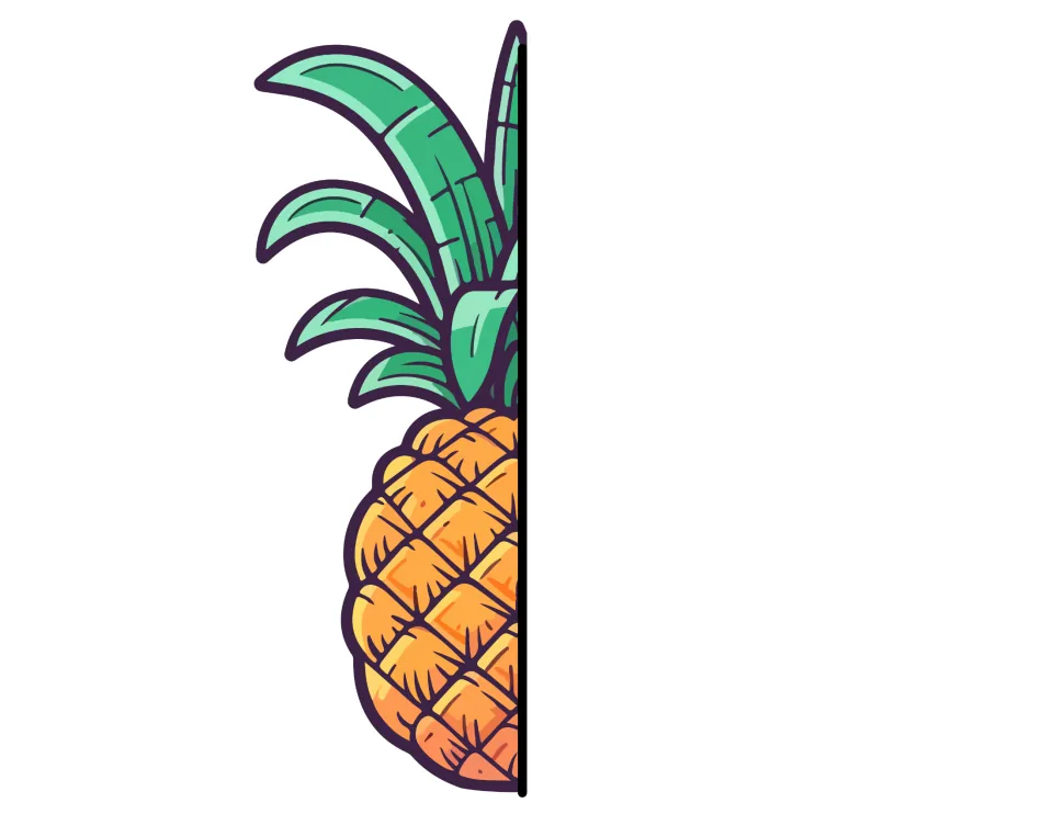 Cut-out piece: left half of a cartoon pineapple with green crown leaves, used as a front flap of the life cycle foldable