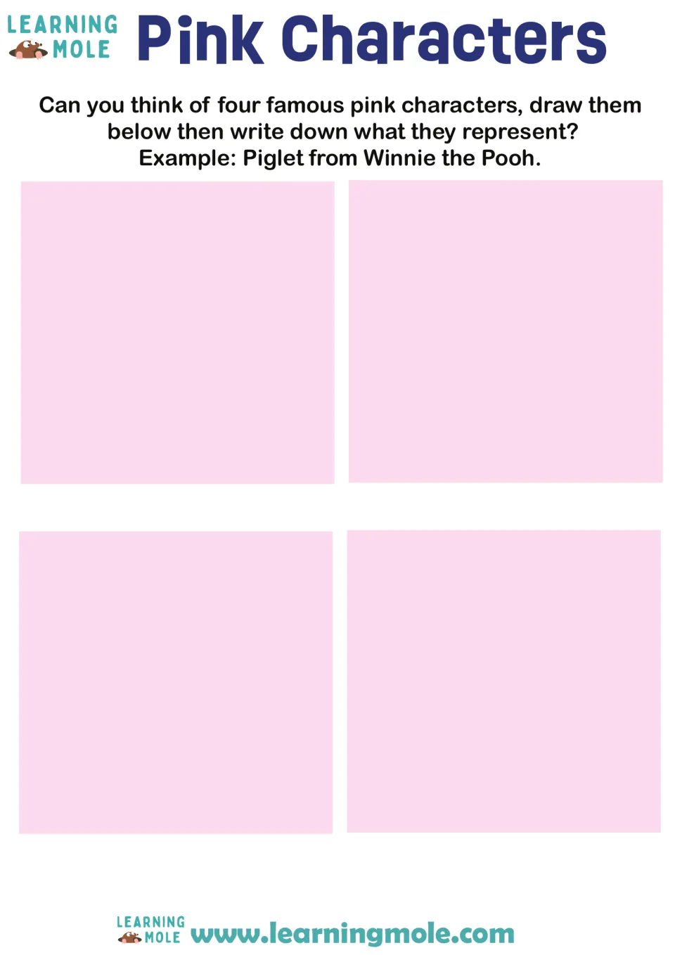 Pink characters drawing: students draw four famous pink characters, like Piglet, and write what each one represents