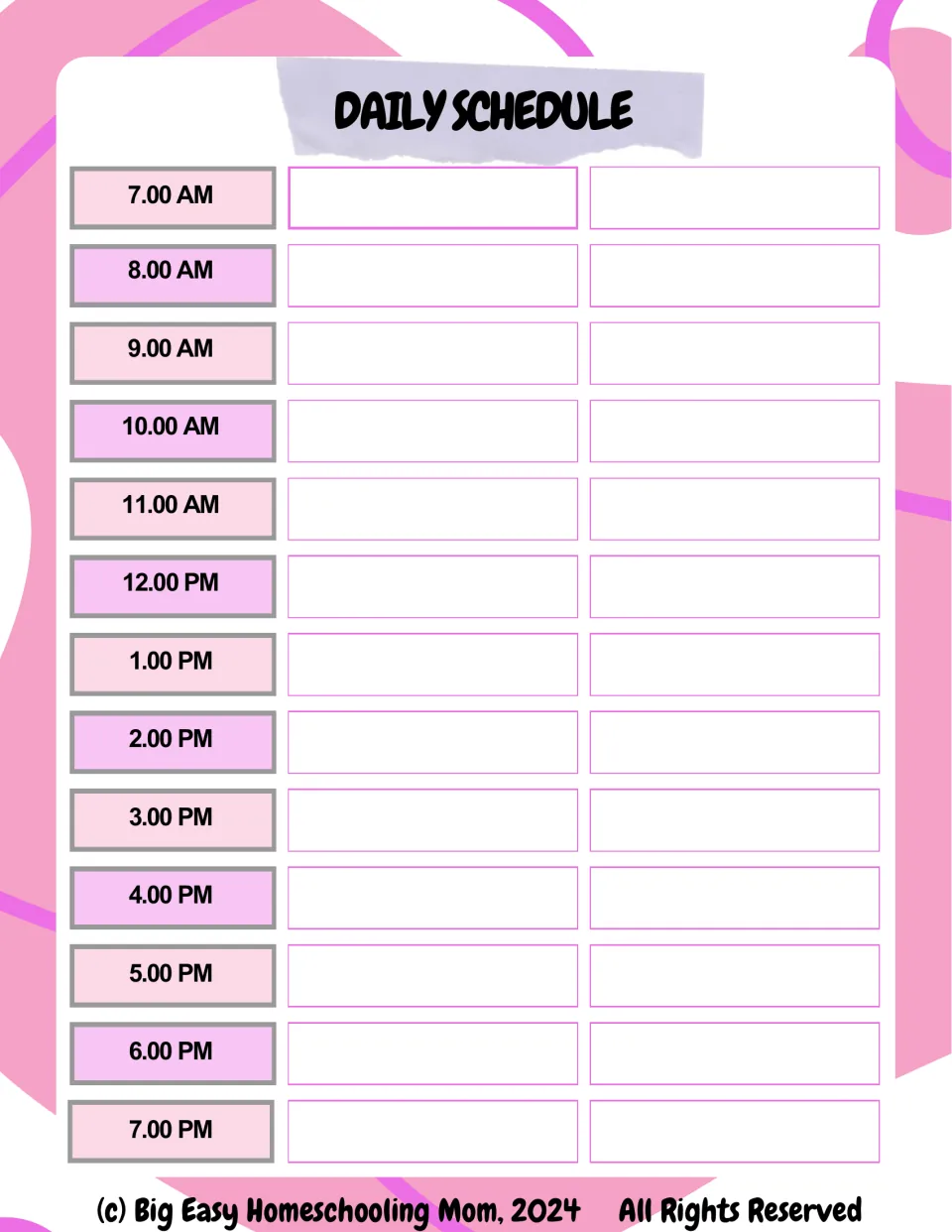 Daily Schedule template for the homeschool planner lists hourly times from 7:00 a.m. through 7:00 p.m.