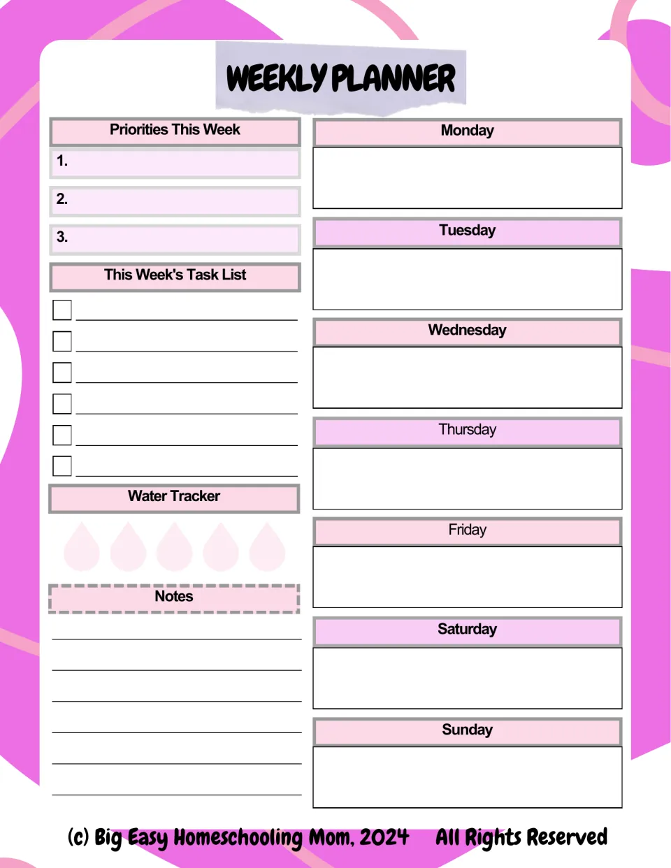 Weekly Planner template includes Monday through Sunday, three priorities, tasks, a water tracker, and notes