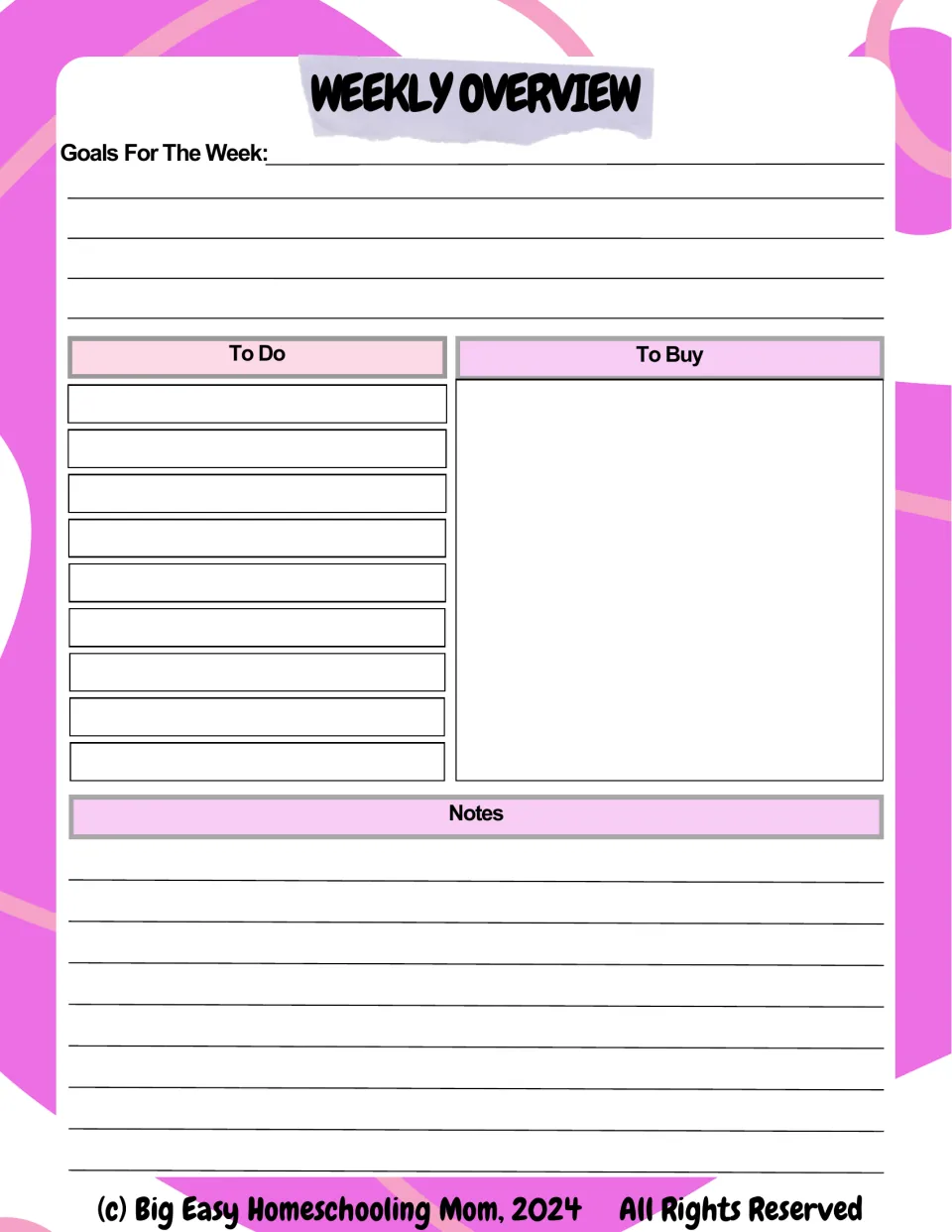 Weekly Overview template in the homeschool planner includes goals for the week, to-do items, purchases, and notes