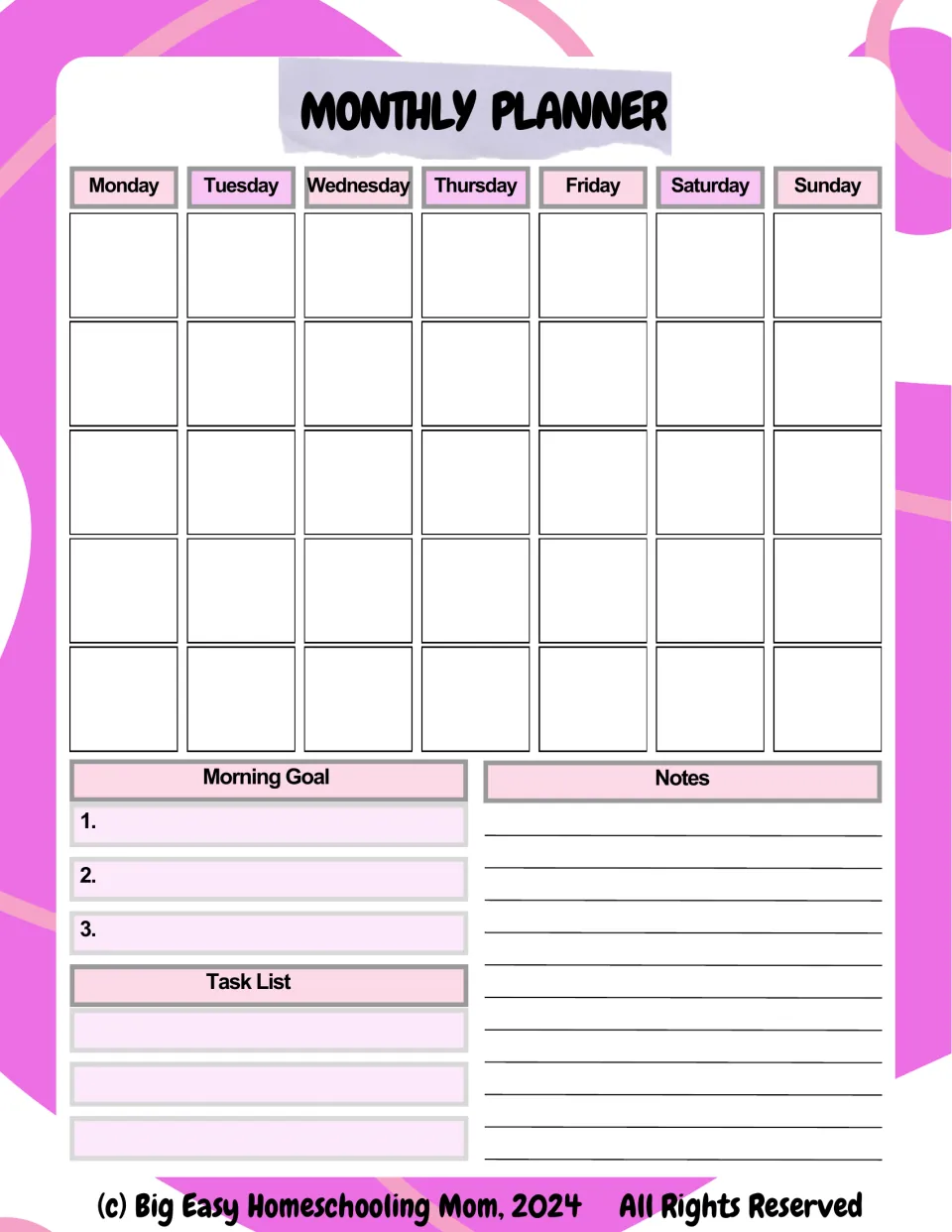 Monthly Planner template includes an undated Monday–Sunday calendar, three morning goals, tasks, and notes